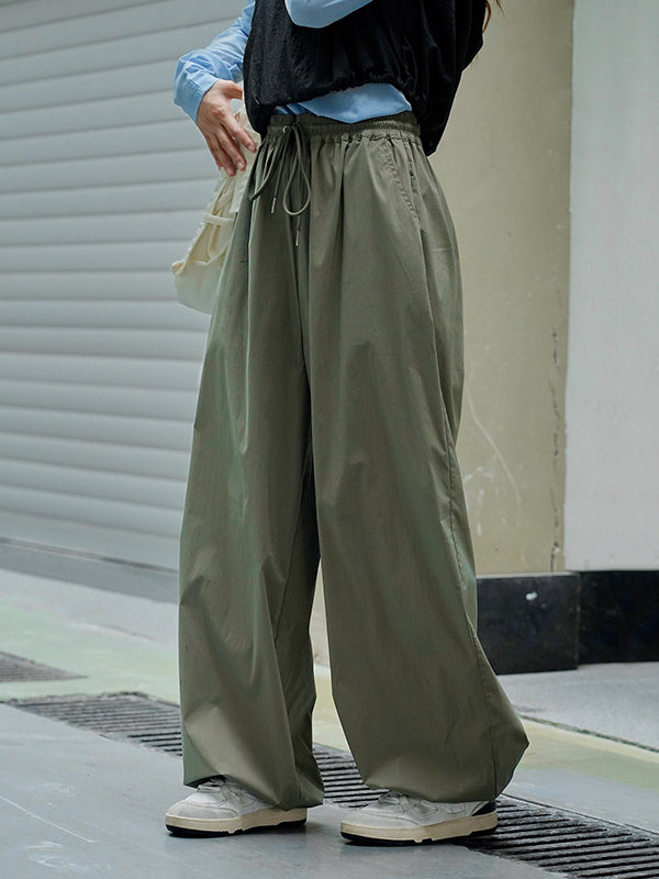 Loose Wide Leg Drawstring Elasticity Pleated Solid Color Split-Joint Casual Pants Bottoms