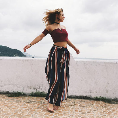 Striped Lace-Up Seaside Holiday Wide-Leg Bohemia Pants