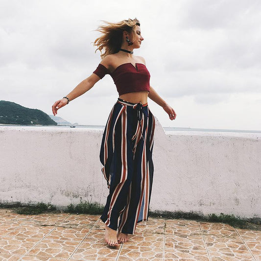 Striped Lace-Up Seaside Holiday Wide-Leg Bohemia Pants