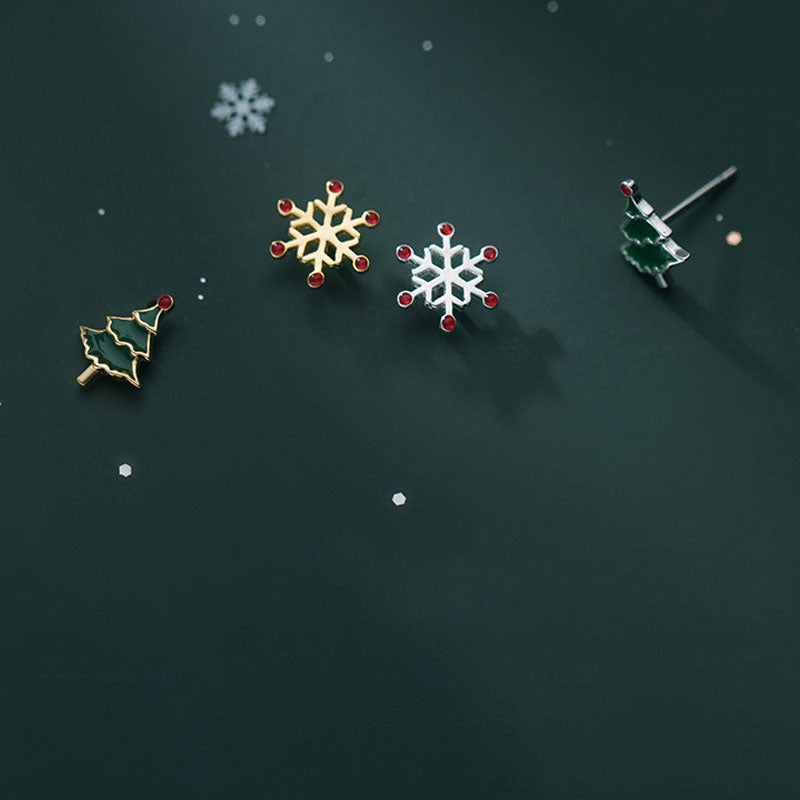Asymmetrical Christmas Tree Snowflake Stud Earring