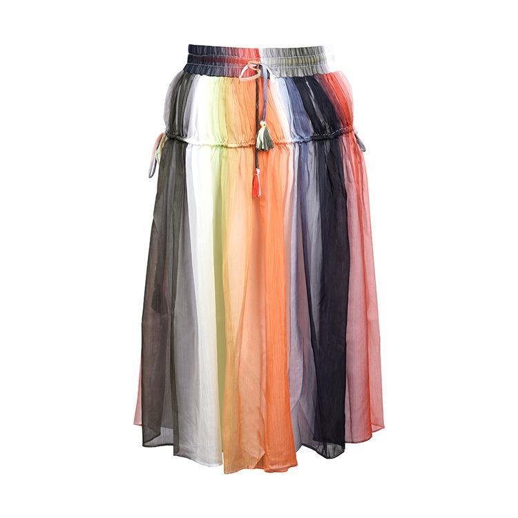 Spring And Summer Boho Style Color Strips Pleated  Striped Skirt