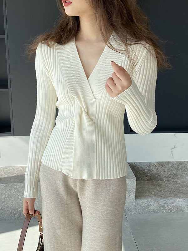 Long Sleeves Loose Knot Solid Color V-Neck Pullovers Sweater Tops
