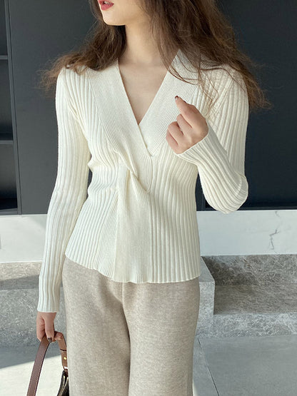 Long Sleeves Loose Knot Solid Color V-Neck Pullovers Sweater Tops