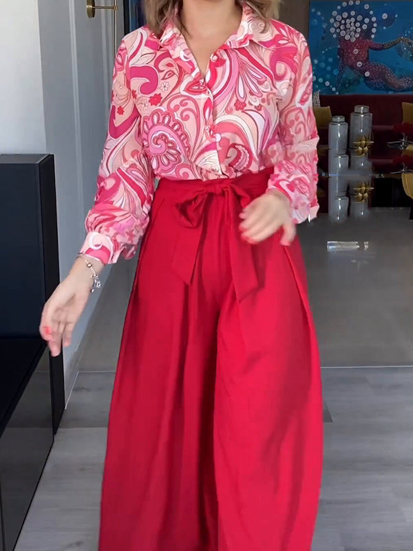 Printed Long Sleeves Buttoned Lapel Blouse + Tied Waist High Waisted Wide Leg Pants Two Pieces Set