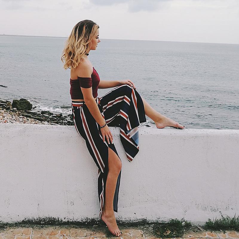 Striped Lace-Up Seaside Holiday Wide-Leg Bohemia Pants
