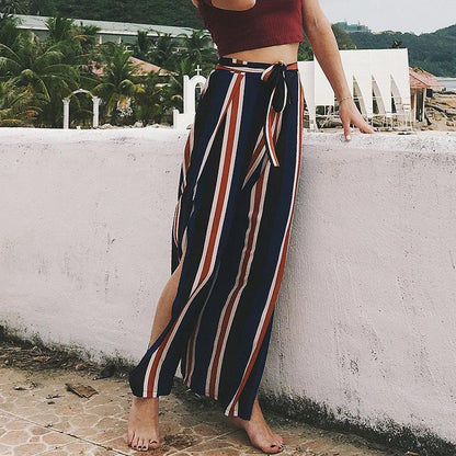 Striped Lace-Up Seaside Holiday Wide-Leg Bohemia Pants
