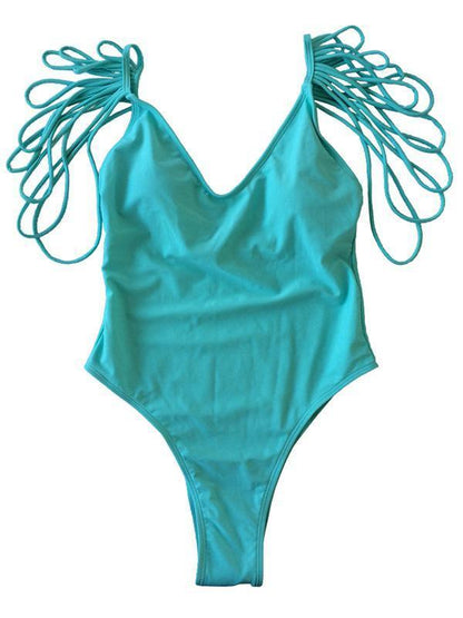 Sexy Backless Tassels Solid Color One-Piece Swimwear