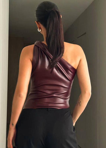 Faux Leather One Shoulder Asymmetrical Top