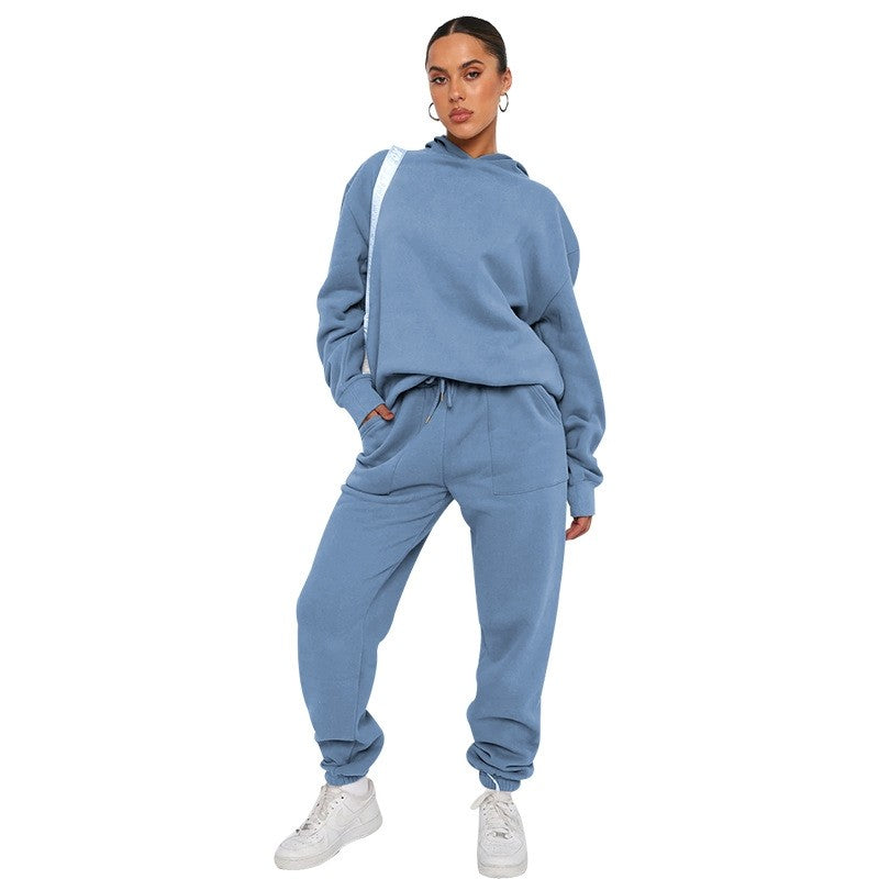 Solid Color Hooded Long Sleeve Sweatshirt Long Pants Set