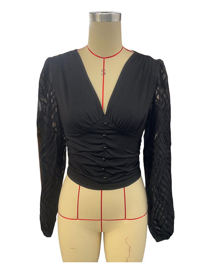 Long Sleeves Loose Buttoned Mesh Pleated See-Through Solid Color Split-Joint Deep V-Neck T-Shirts Tops