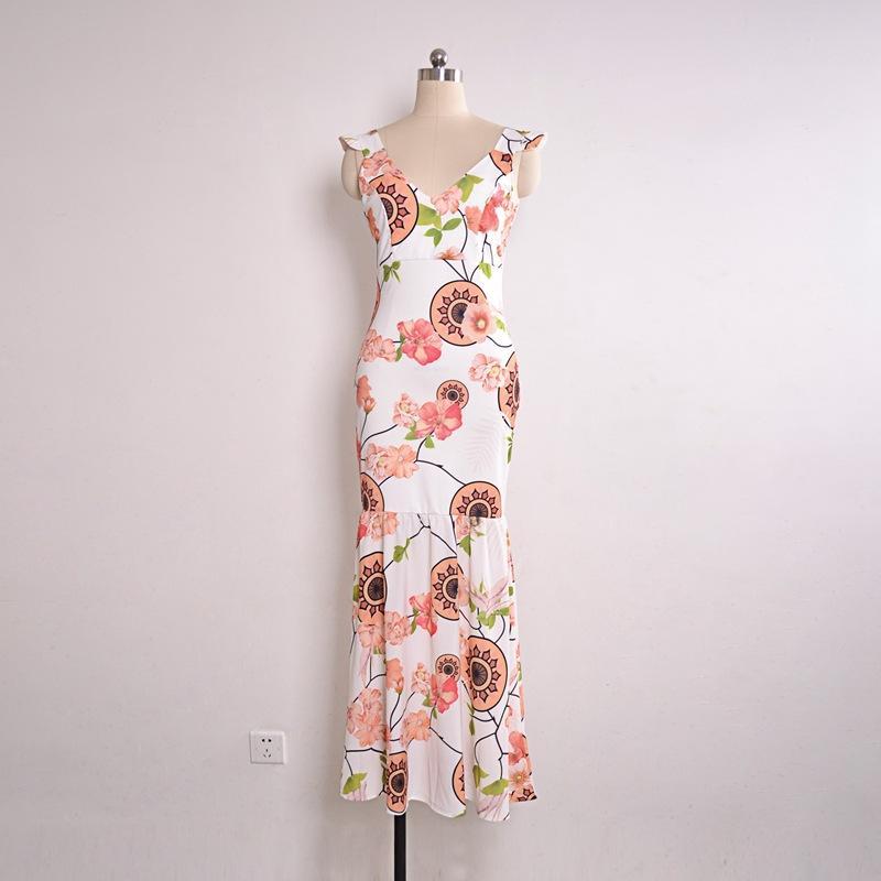 Sexy V-Neck Floral Printed Chiffon Mermaid Maxi Dress
