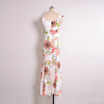 Sexy V-Neck Floral Printed Chiffon Mermaid Maxi Dress
