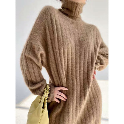 Simple Loose Long Sleeves Keep Warm Solid Color High-Neck Sweater Dresses