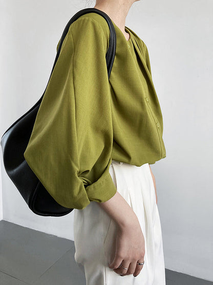 High-Low Loose Pleated See-Through Solid Color Split-Joint Round-Neck Blouses