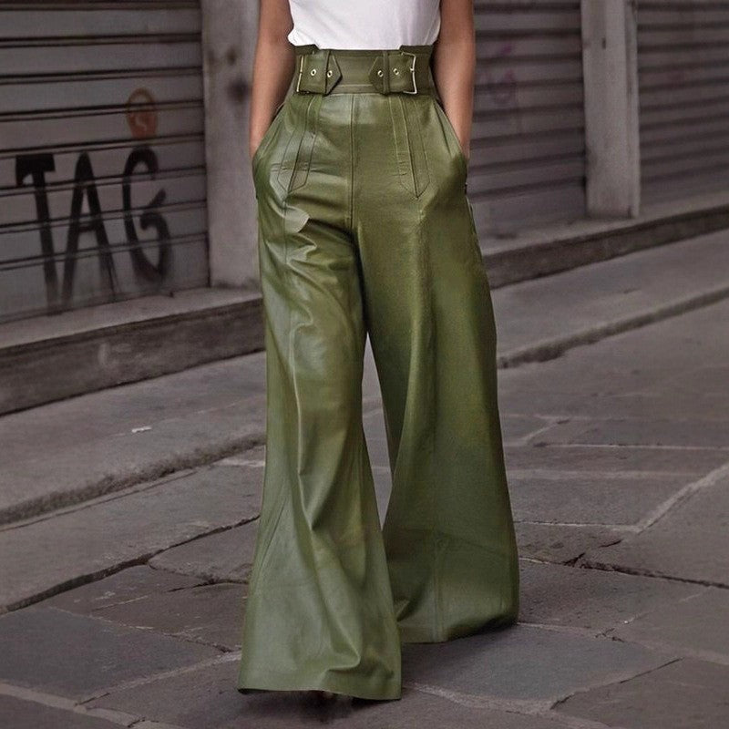 Solid Color High Waist Loose Pleated Pocket Leather Pants