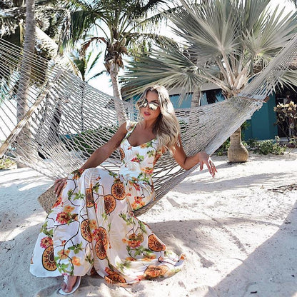 Sexy V-Neck Floral Printed Chiffon Mermaid Maxi Dress