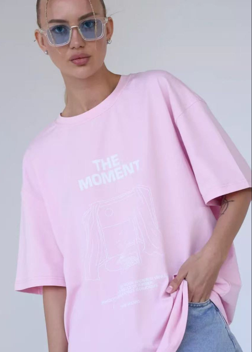 Oversized Cotton Tee With Graphic Print Pink