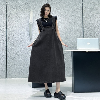 Cotton Polyester Denim Pinafore Dress Loose Paneled