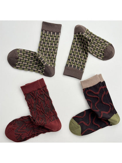 Rufia - Geometric Pattern Color-Block Mid-Crew Socks