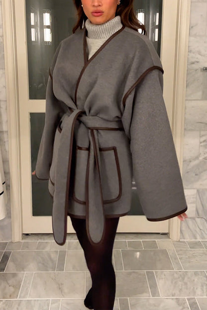 Open Front Pocketed Splice Coat with Belt