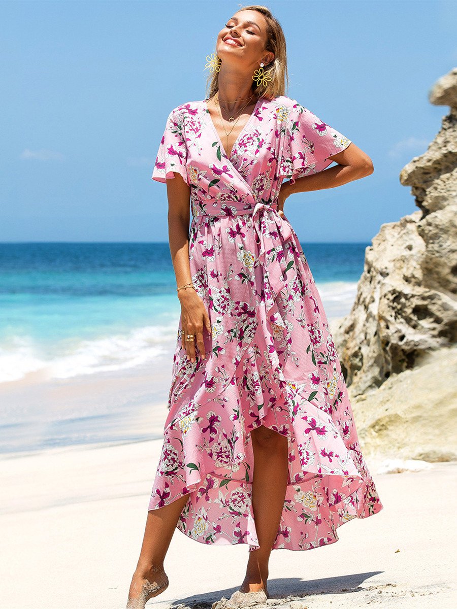 New Summer V-Neck Ruffle Lace Up Bohemian Dress