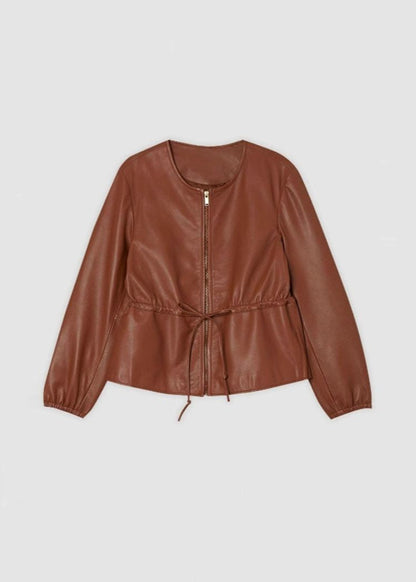 Faux Leather Zip Jacket With Drawstring Waist
