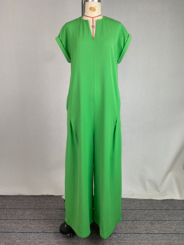 High Waisted Loose Pleated Pockets Solid Color V-Neck Jumpsuits