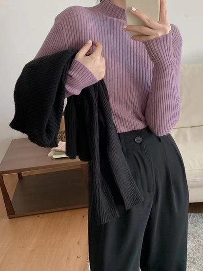 Long Sleeves Skinny Solid Color Mock Neck Knitwear Pullovers Sweater Tops