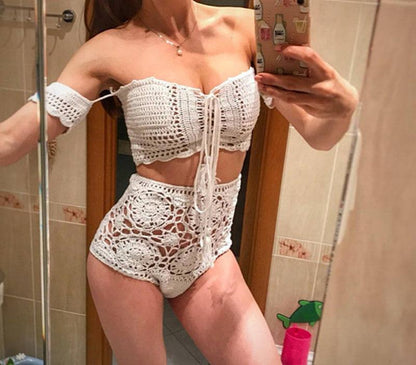 Off Shoulder Hollow Hook High Waist Bikini Swimsuit