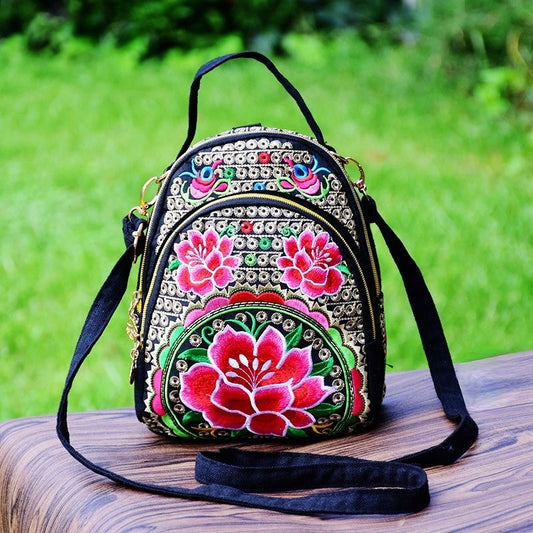 New National Style Multi-Function Diagonal Single Shoulder Portable Double Shoulder Canvas Embroidery Flower Bag