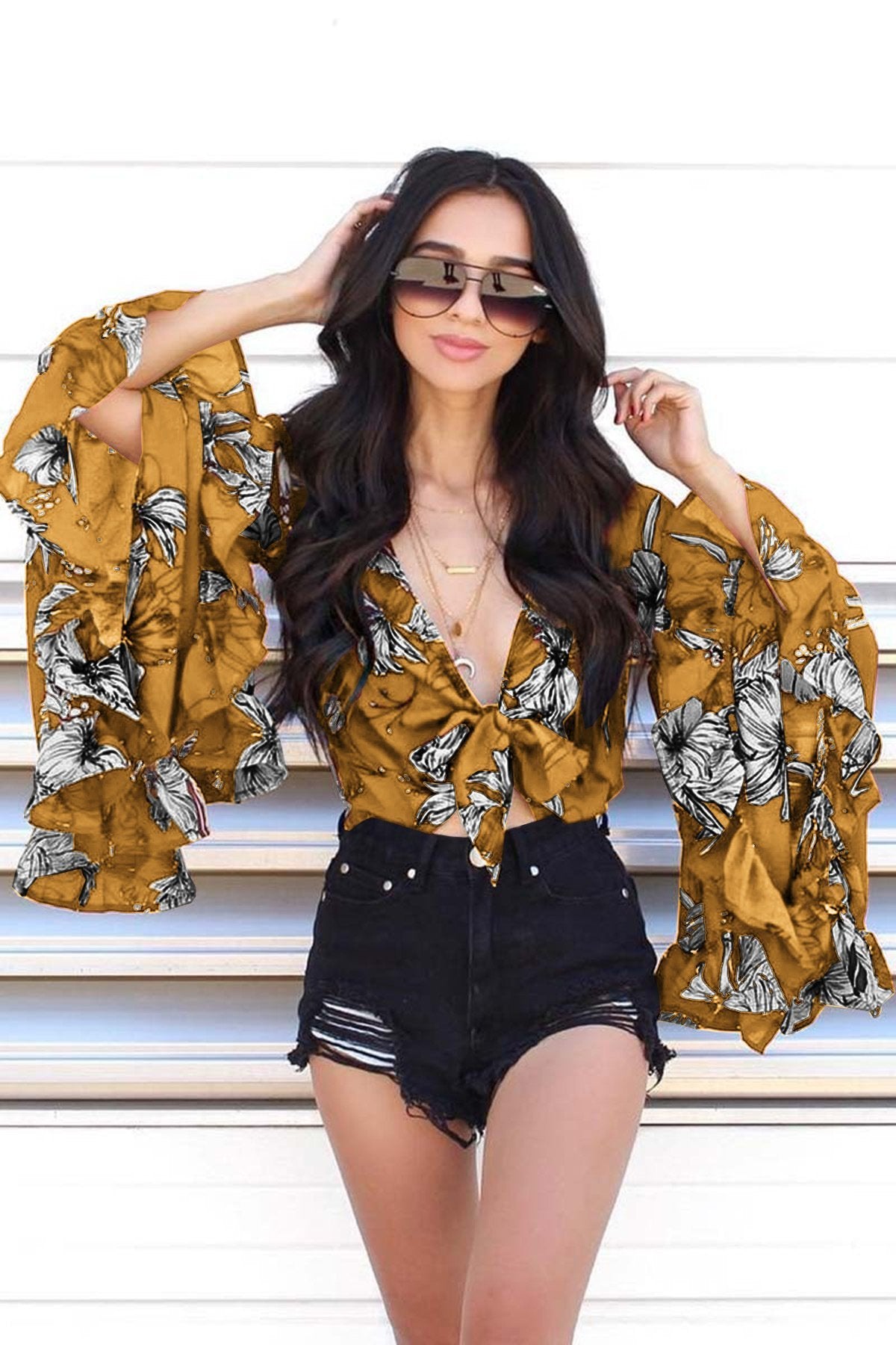 Flared Sleeve Ruffled Irregular V-Neck Top