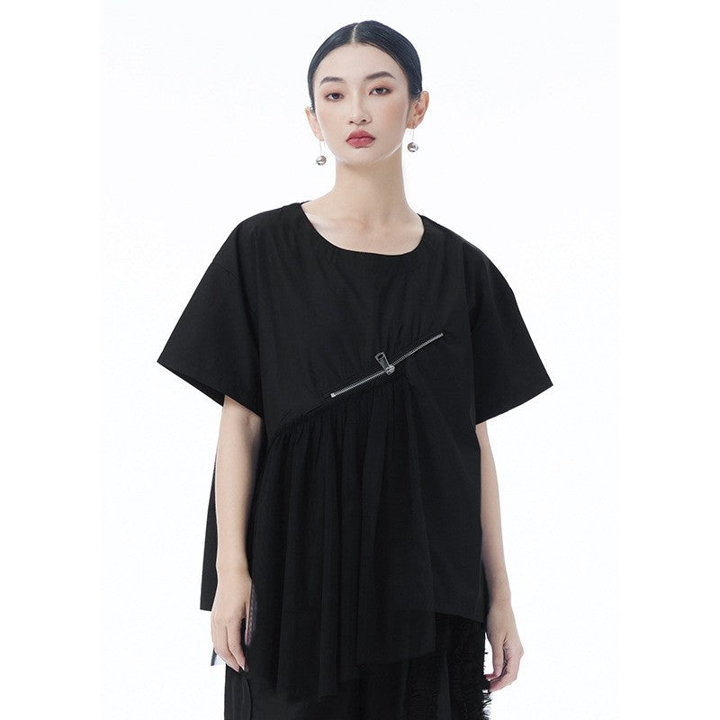 Vintage Mesh Zipper Short Sleeve T Shirt Women