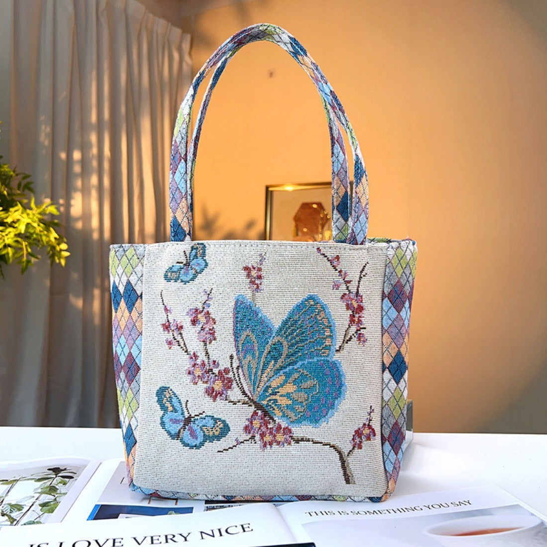 Cosbai - Diamond Pattern Lace Print Canvas Tote Bag