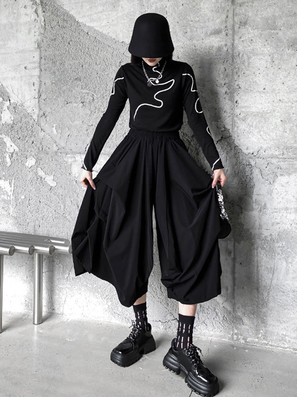 Fashion Irregularity Wide Leg Solid Color Elastic Waist Cropped Pants