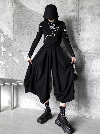 Fashion Irregularity Wide Leg Solid Color Elastic Waist Cropped Pants