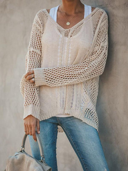 Hollow Solid Color V-Neck Knitting Sweater Tops