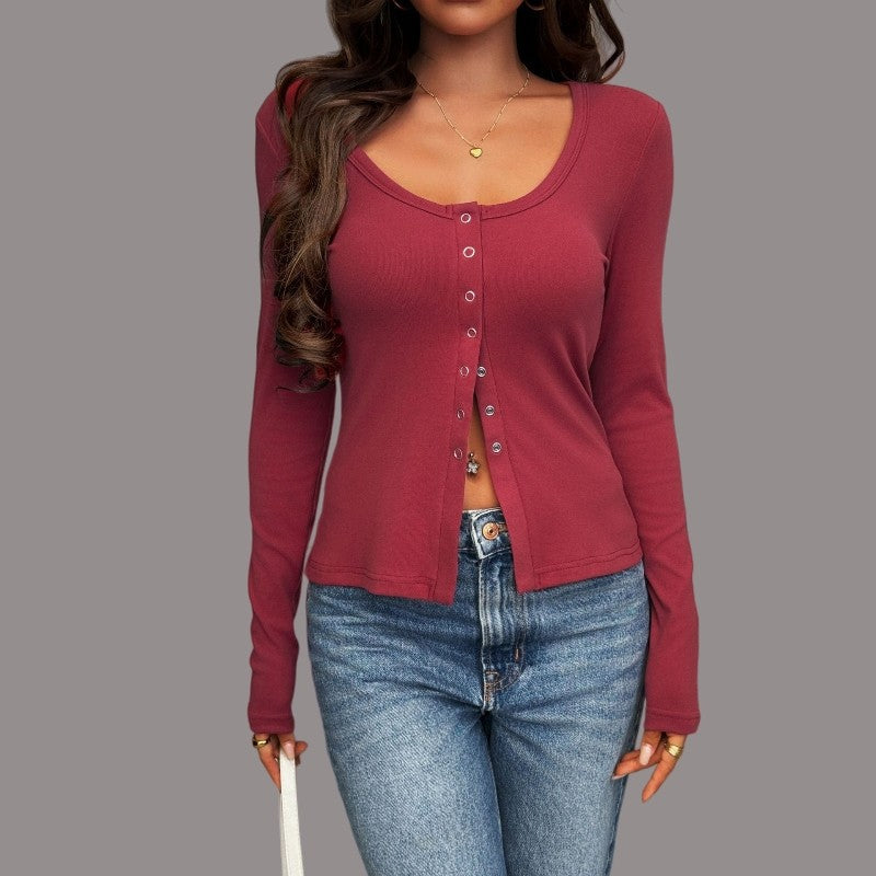 Long Sleeve U-Neck Polyester T-Shirt Jacket Solid Color