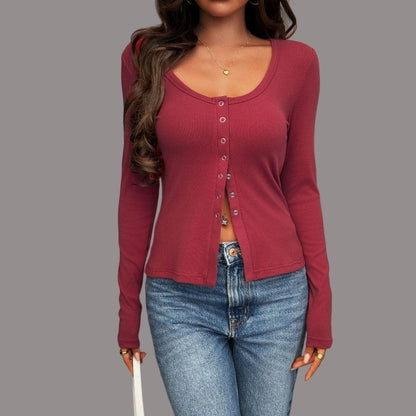 Long Sleeve U-Neck Polyester T-Shirt Jacket Solid Color