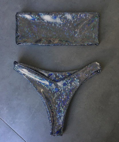 Black Grey Sequins Leather Sexy Swimsuit Bikini