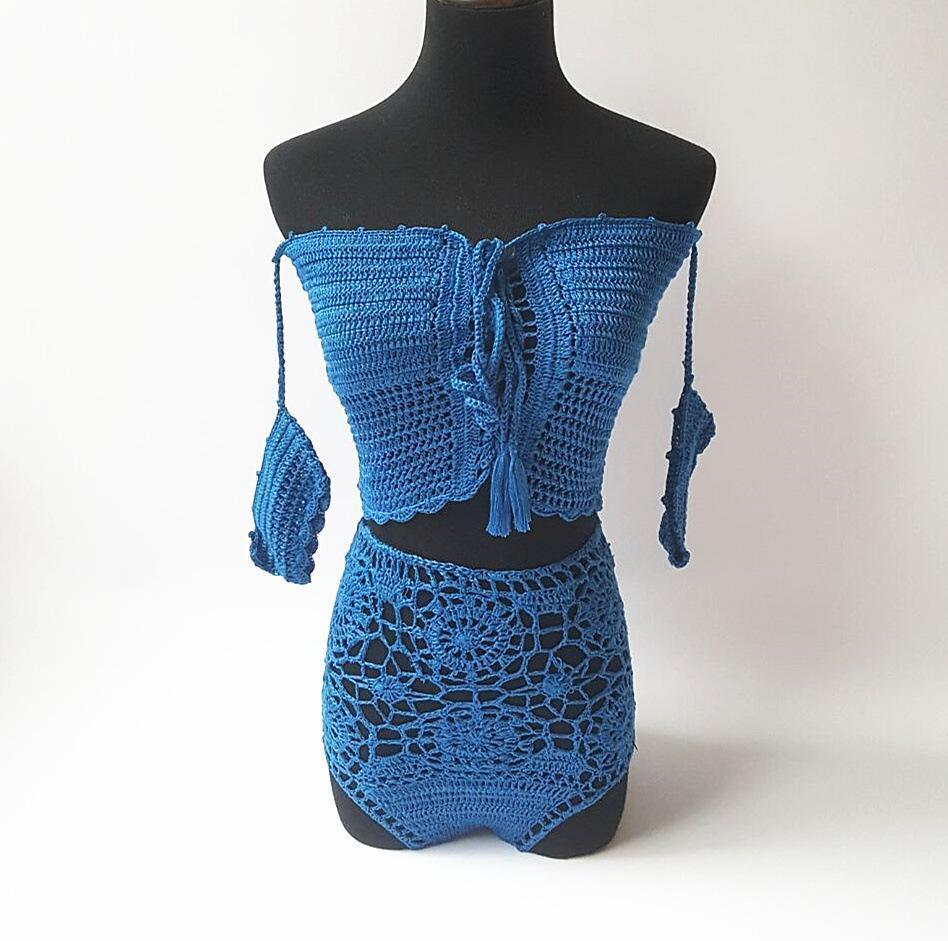 Off Shoulder Hollow Hook High Waist Bikini Swimsuit