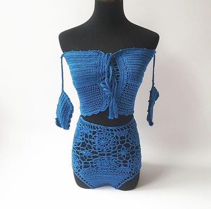 Off Shoulder Hollow Hook High Waist Bikini Swimsuit