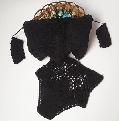 Off Shoulder Hollow Hook High Waist Bikini Swimsuit