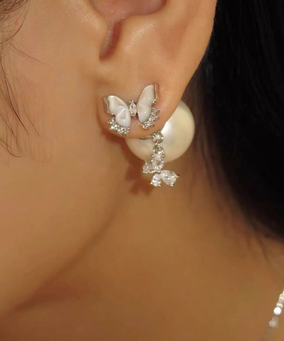 Vogue White Copper Butterfly Zircon Floral Tassel Stud Earrings