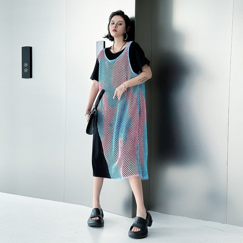 Rainbow Color Block Two Piece Loose A Line Dress