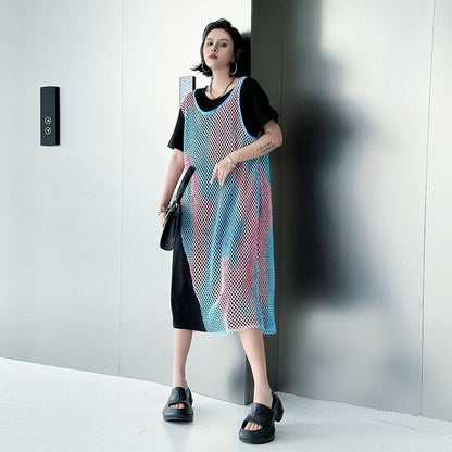 Rainbow Color Block Two Piece Loose A Line Dress