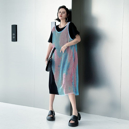 Rainbow Color Block Two Piece Loose A Line Dress