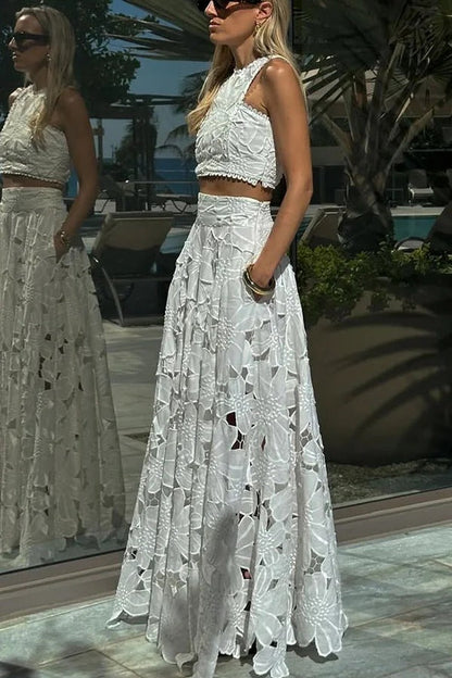 Next Trip Floral Embroidery Crochet Lace Crop Tank Top