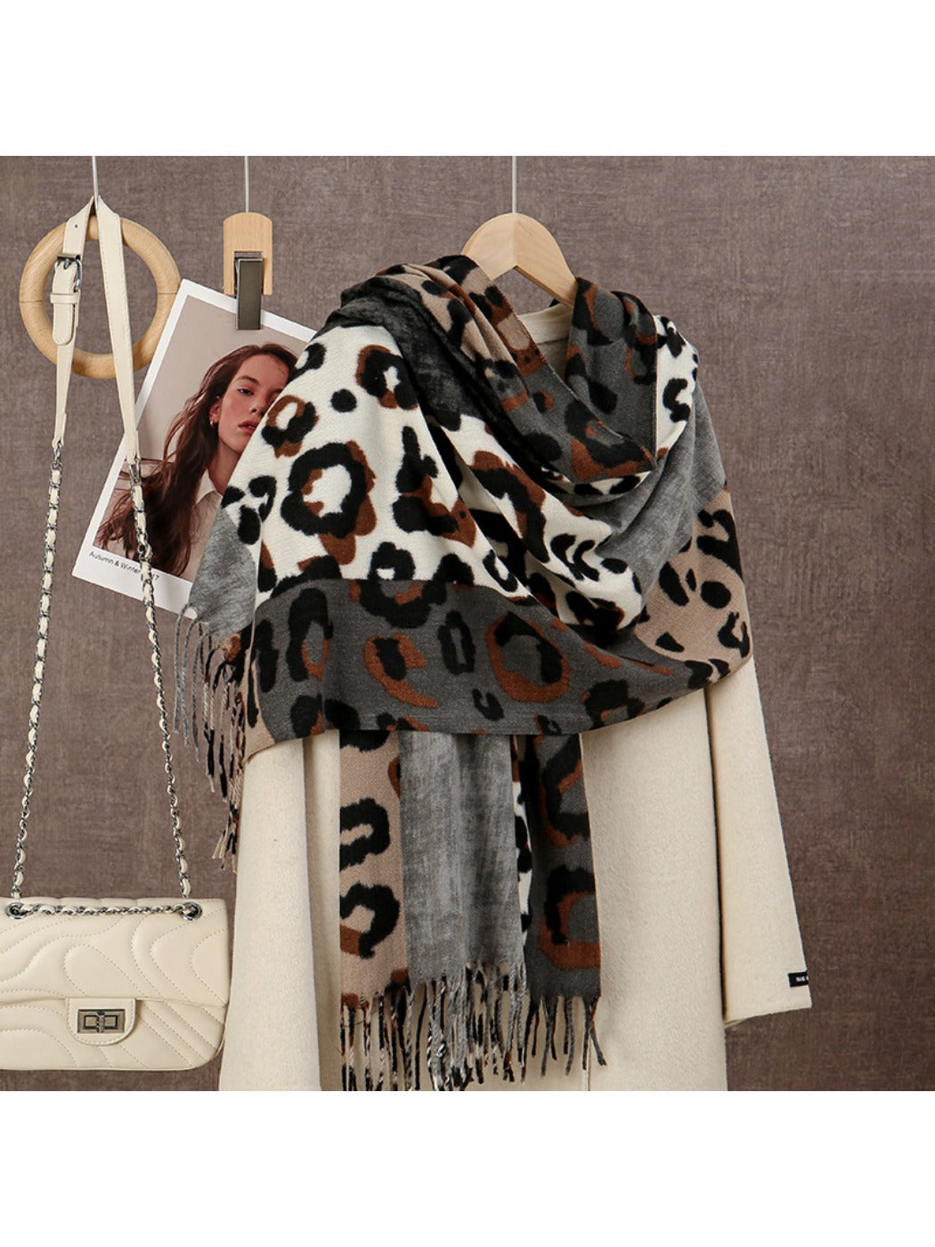 Sscarvii - Leopard Patchwork Tassel Winter Scarf