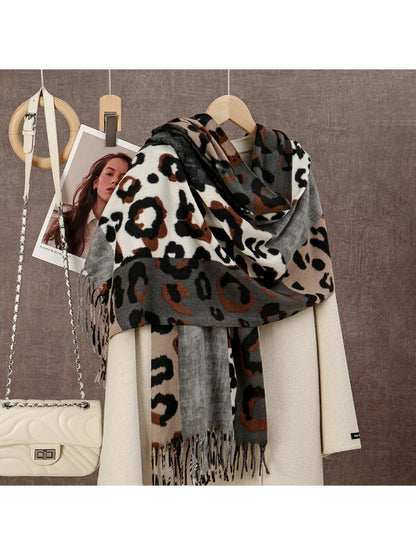 Sscarvii - Leopard Patchwork Tassel Winter Scarf
