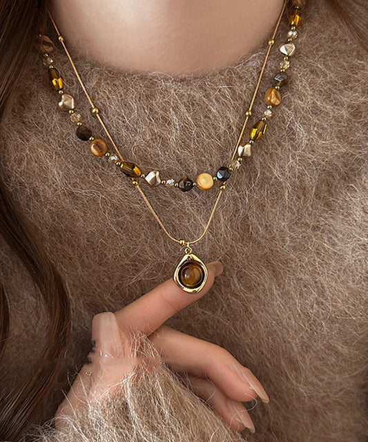 Fashion Gold Copper Overgild Tiger Eye Stone Beading Pendant Necklace Two Piece Set